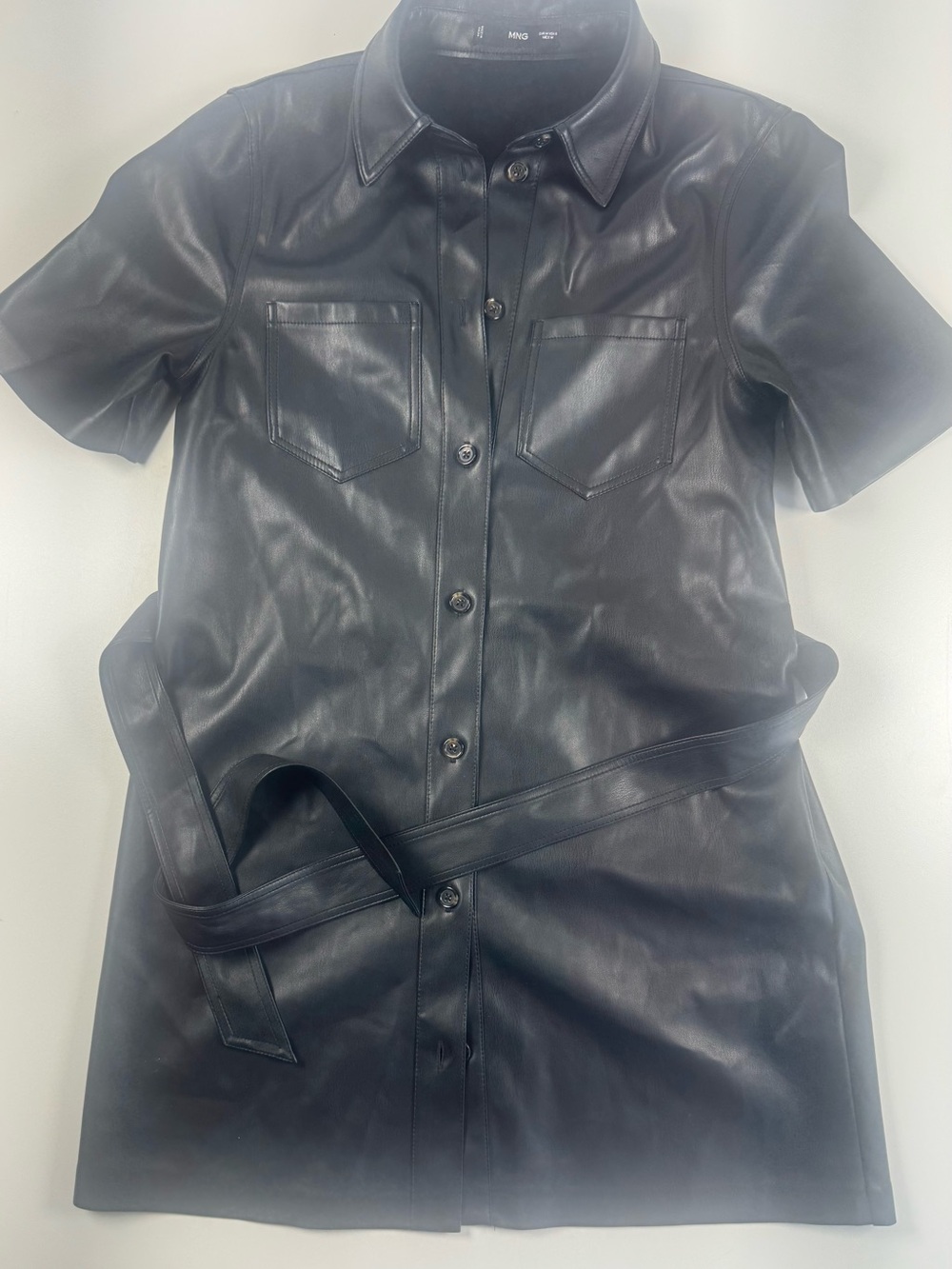 Mango Black Short-Sleeve Faux Leather Button-Down Shirt